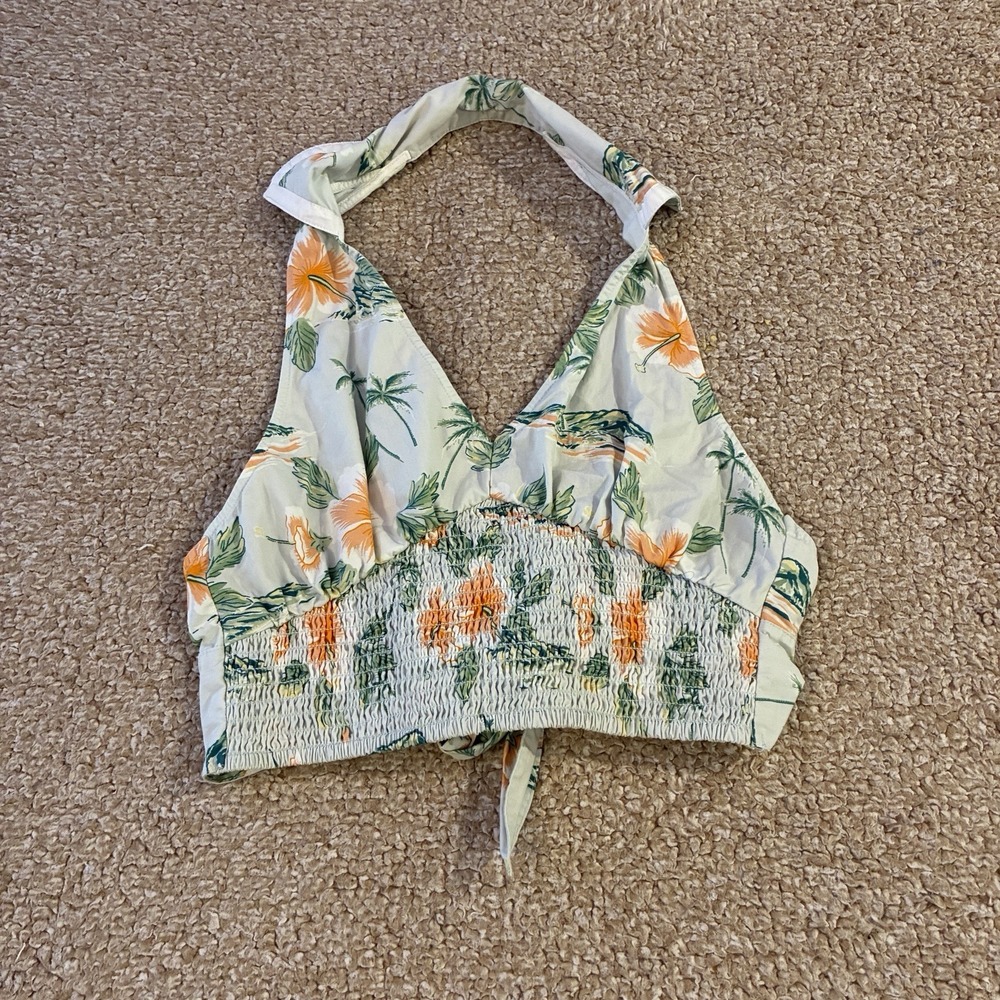American Eagle Halter Top XXS Tropical Floral Smocked Back Tie Crop Cotton